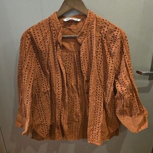 Zara Women's Button Down Eyelet Lace Shirt - Rust